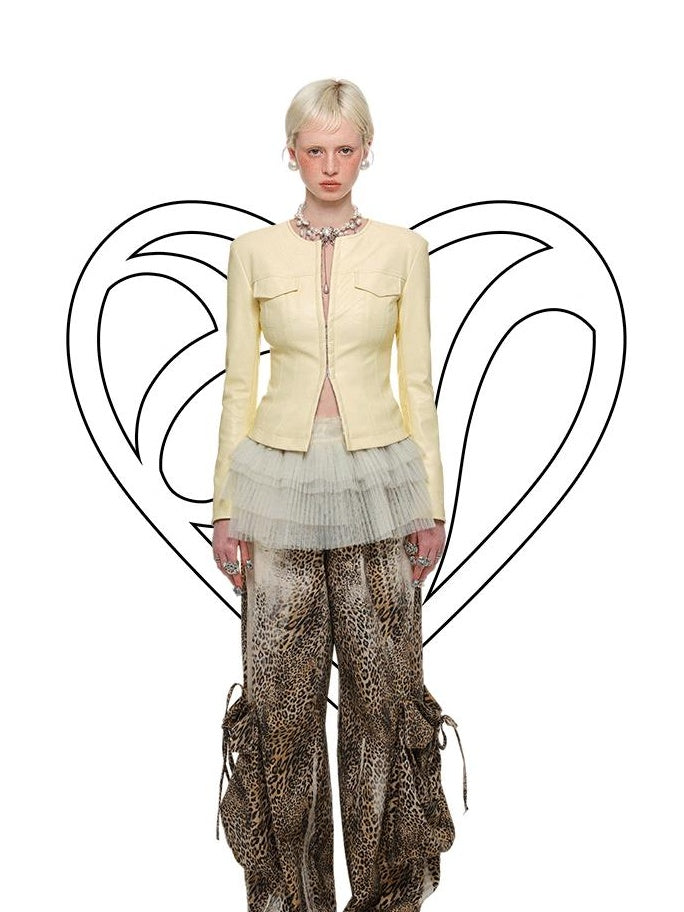 1JINN STUDIO Slim Fit Commuter Round Neck Button Front Women Silver Yellow Leather Jackets