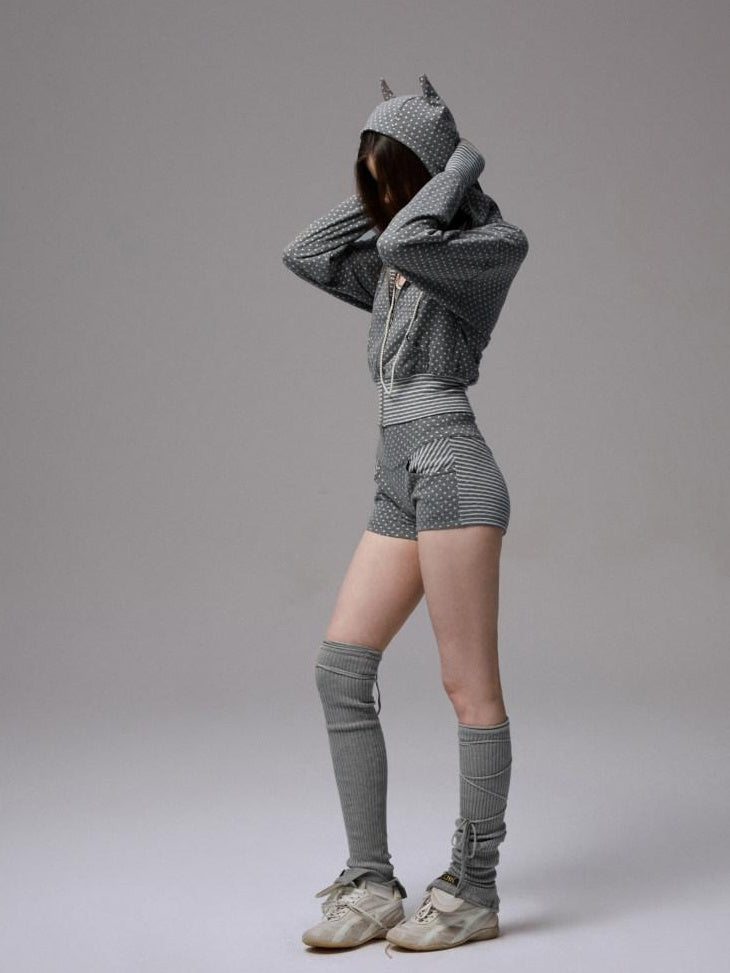 1JINN STUDIO Slim Fit Cropped Hooded Polka Dot Long Sleeve Commuter Women Zip Hoodies