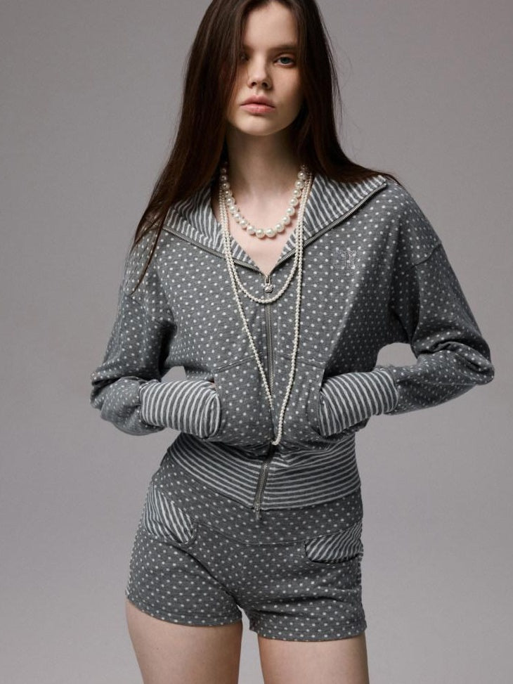 1JINN STUDIO Slim Fit Cropped Hooded Polka Dot Long Sleeve Commuter Women Zip Hoodies