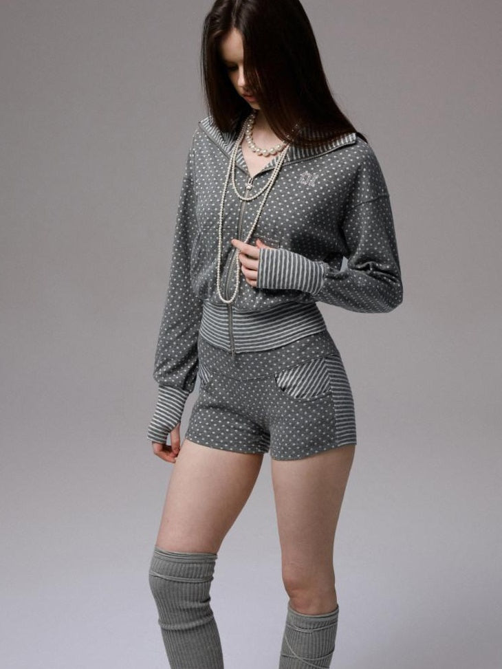 1JINN STUDIO Slim Fit Cropped Hooded Polka Dot Long Sleeve Commuter Women Zip Hoodies