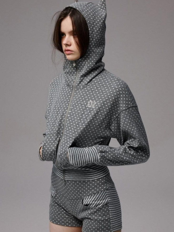 1JINN STUDIO Slim Fit Cropped Hooded Polka Dot Long Sleeve Commuter Women Zip Hoodies