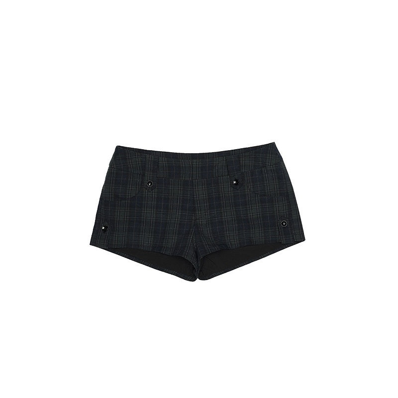 1JINN_STUDIO_Slim_Fitted_Casual_Natural_Waist_Women_Black_Green_Plaid_Mini_Shorts_MISSTT