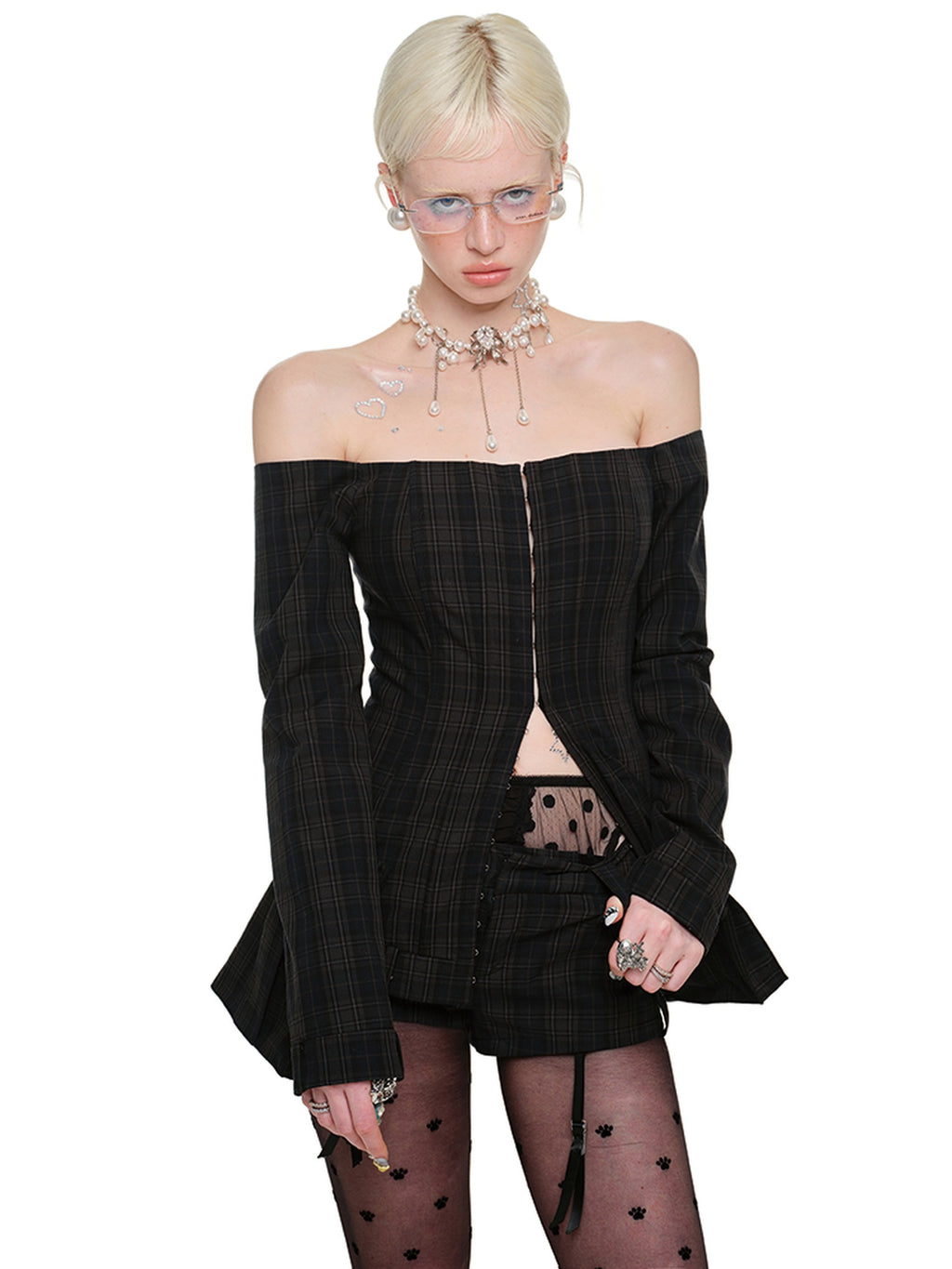 1JINN STUDIO Slim Fitted Casual Natural Waist Women Black Green Plaid Mini Shorts