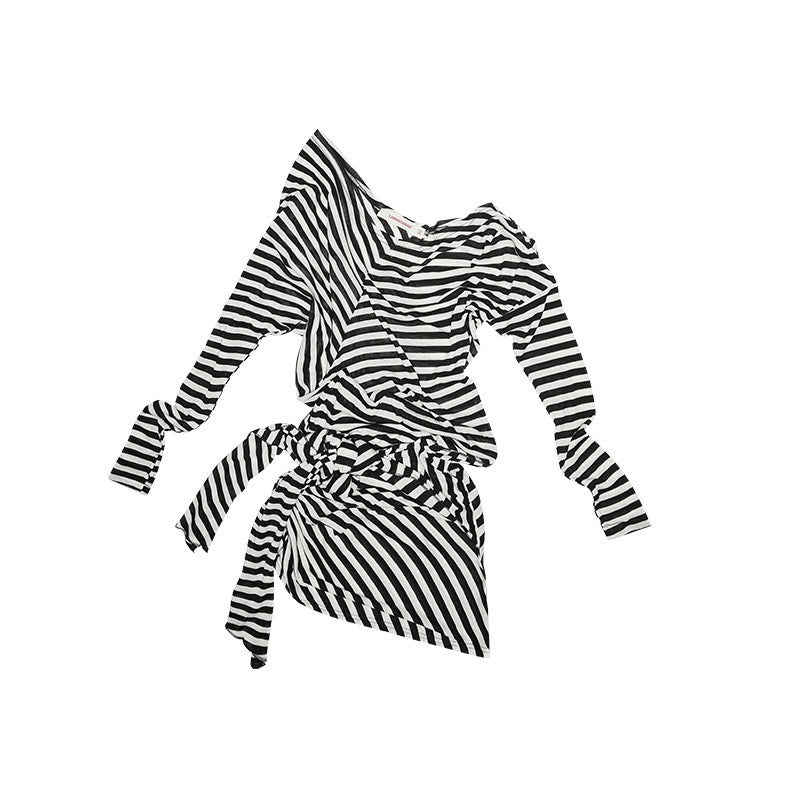 1JINN_STUDIO_Slim_High_Waist_One_Shoulder_Knit_Bodycon_Office_Black_White_Stripe_Mini_Dresses_MISSTT