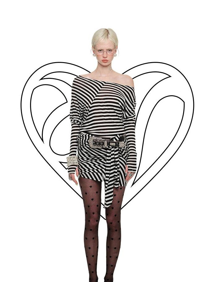 1JINN STUDIO Slim High Waist One Shoulder Knit Bodycon Office Black White Stripe Mini Dresses