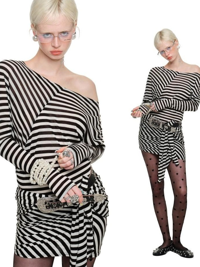 1JINN STUDIO Slim High Waist One Shoulder Knit Bodycon Office Black White Stripe Mini Dresses