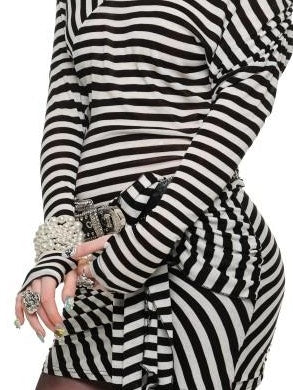 1JINN STUDIO Slim High Waist One Shoulder Knit Bodycon Office Black White Stripe Mini Dresses