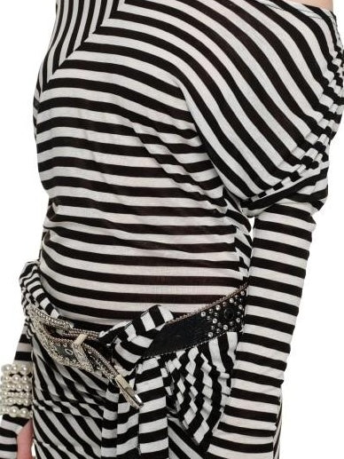 1JINN STUDIO Slim High Waist One Shoulder Knit Bodycon Office Black White Stripe Mini Dresses