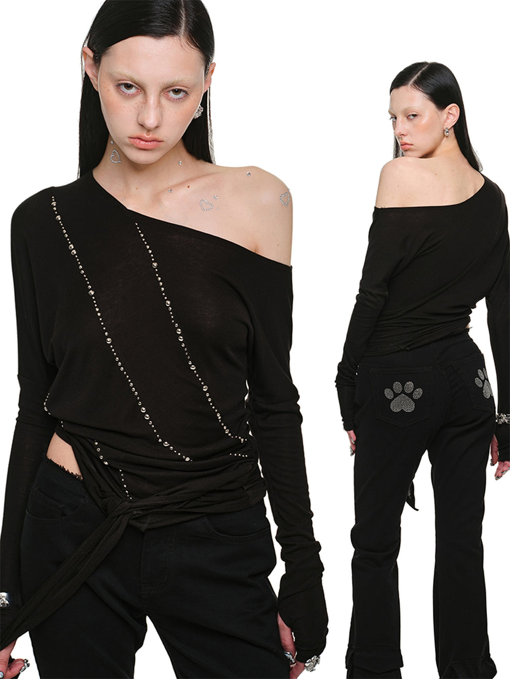 1JINN STUDIO Slim Office Asymmetric Neck Lyocell Wool Rhinestone Women Long Sleeve T-Shirts