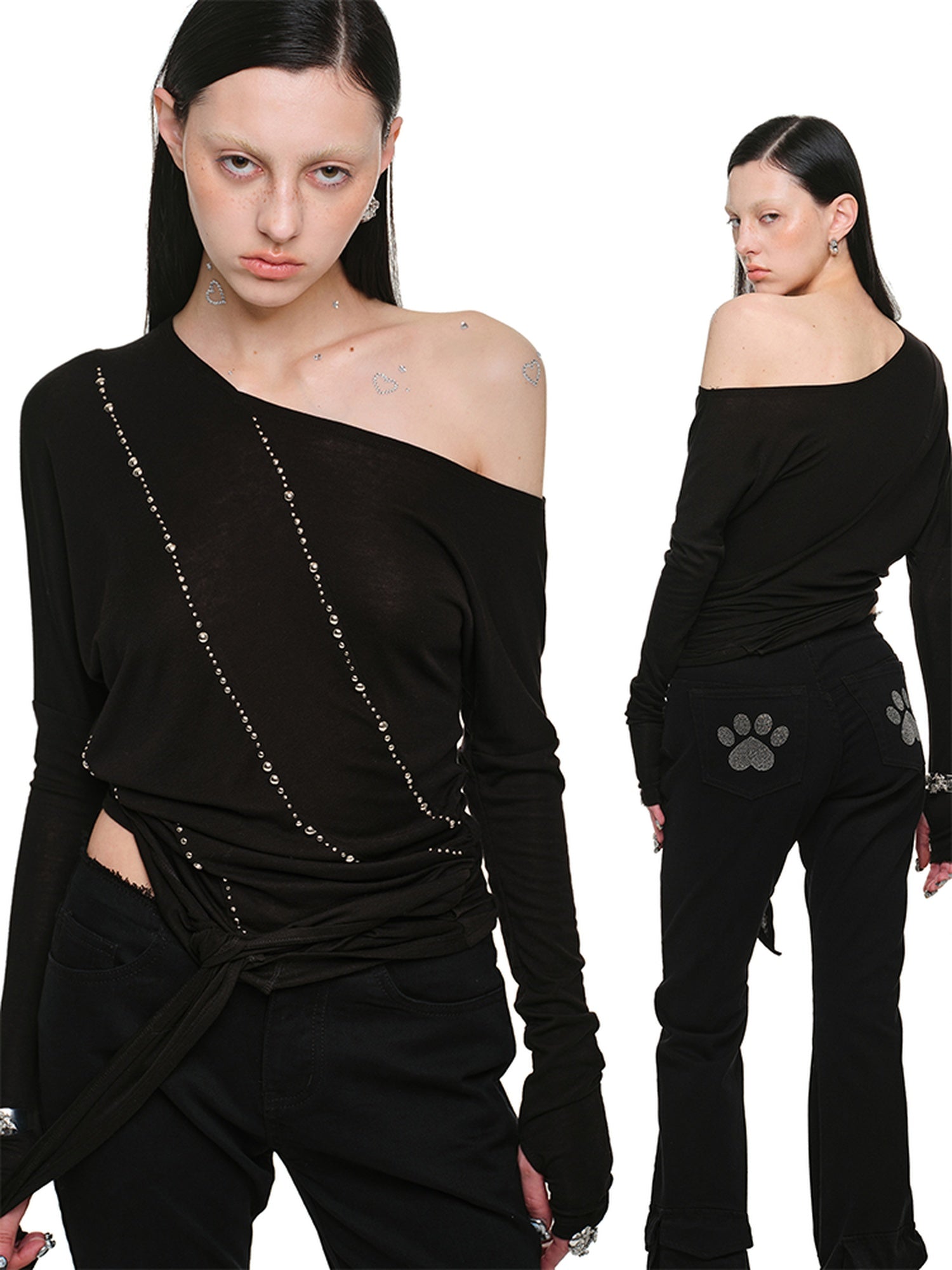 1JINN STUDIO Slim Office Asymmetric Neck Lyocell Wool Rhinestone Women Long Sleeve T-Shirts
