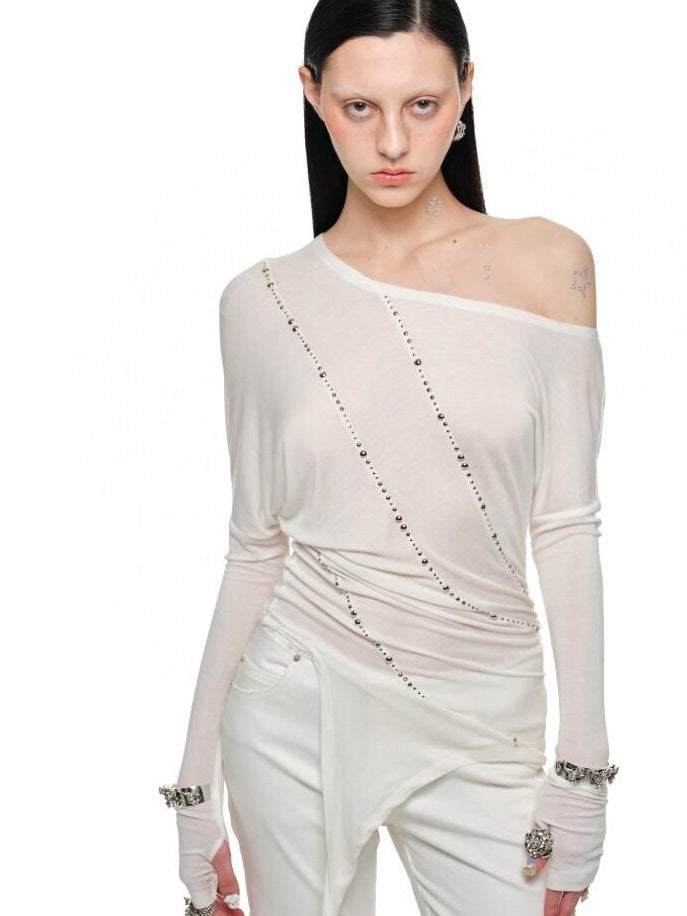 1JINN STUDIO Slim Office Asymmetric Neck Lyocell Wool Rhinestone Women Long Sleeve T-Shirts