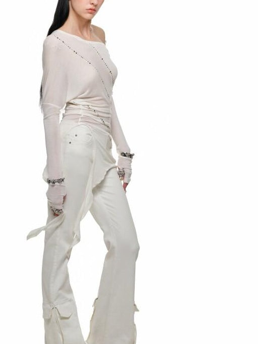 1JINN STUDIO Slim Office Asymmetric Neck Lyocell Wool Rhinestone Women Long Sleeve T-Shirts