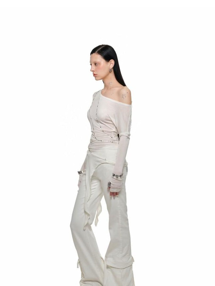 1JINN STUDIO Slim Office Asymmetric Neck Lyocell Wool Rhinestone Women Long Sleeve T-Shirts