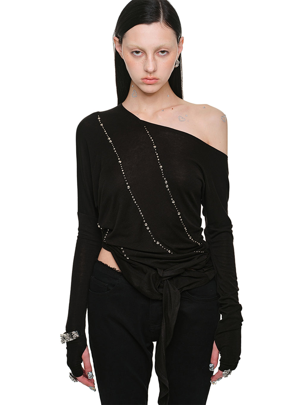 1JINN STUDIO Slim Office Asymmetric Neck Lyocell Wool Rhinestone Women Long Sleeve T-Shirts