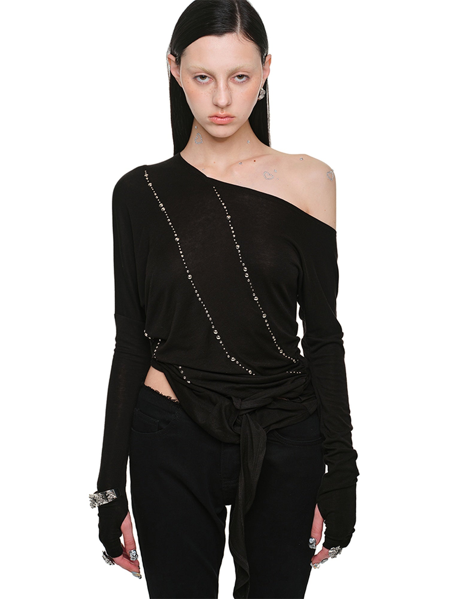 1JINN STUDIO Slim Office Asymmetric Neck Lyocell Wool Rhinestone Women Long Sleeve T-Shirts