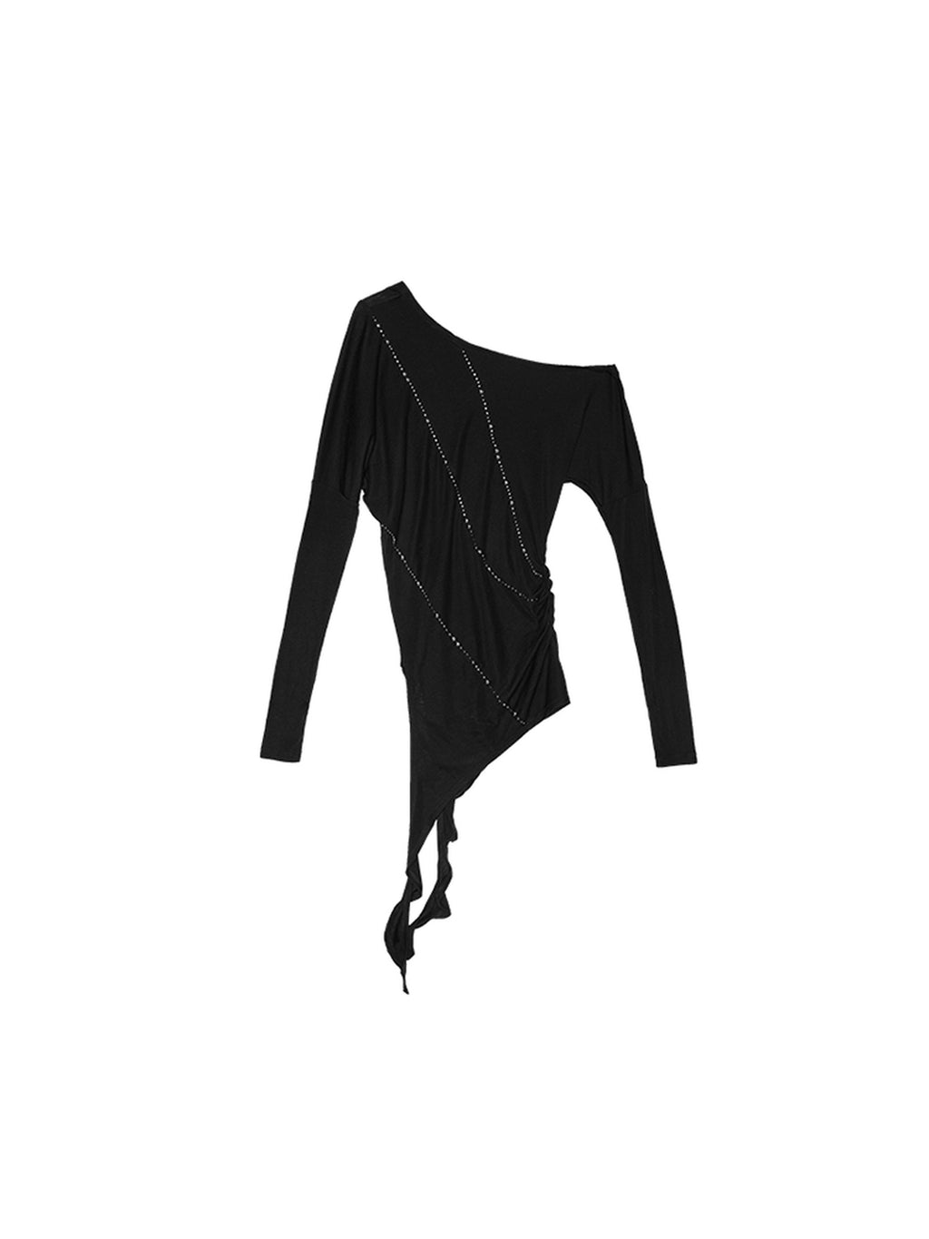 1JINN STUDIO Slim Office Asymmetric Neck Lyocell Wool Rhinestone Women Long Sleeve T-Shirts