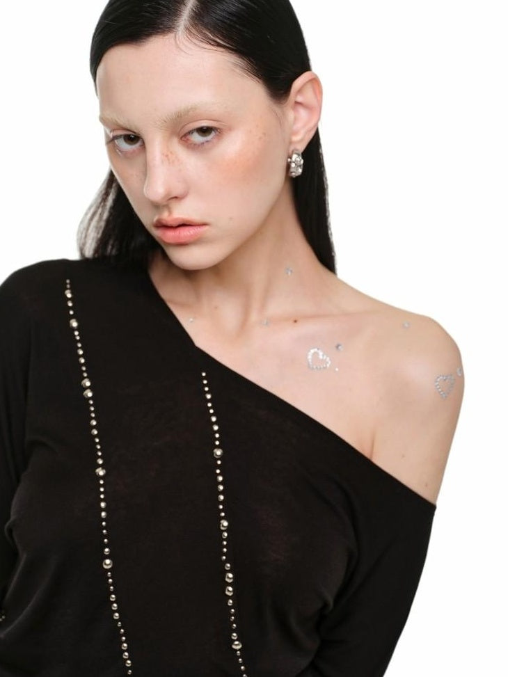 1JINN STUDIO Slim Office Asymmetric Neck Lyocell Wool Rhinestone Women Long Sleeve T-Shirts