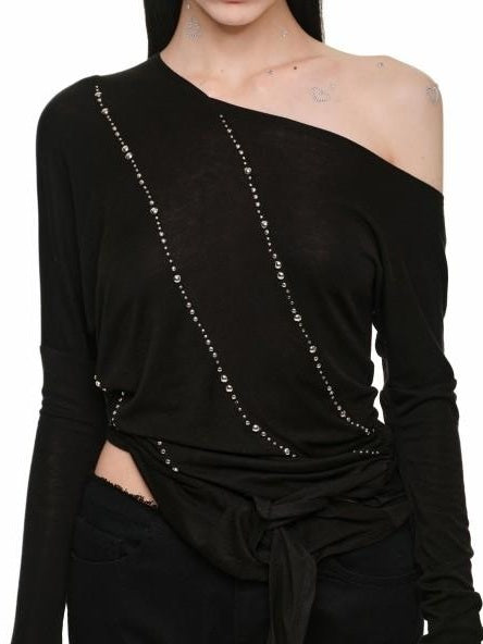 1JINN STUDIO Slim Office Asymmetric Neck Lyocell Wool Rhinestone Women Long Sleeve T-Shirts
