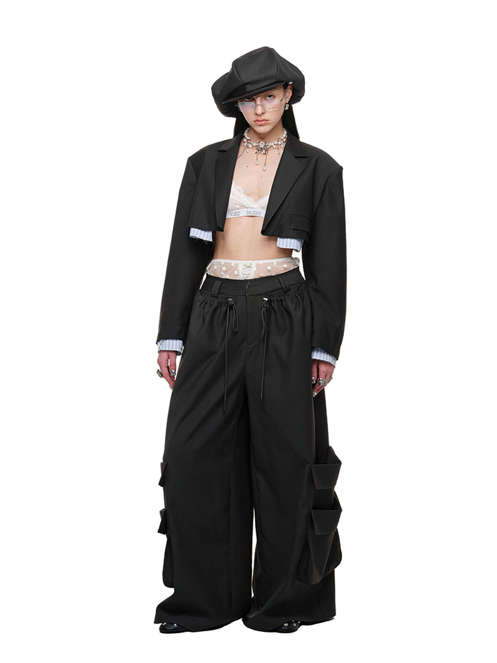 1JINN STUDIO Slim Pleated Streetwear Cropped Women Dark Gray Notch Lapel Blazers