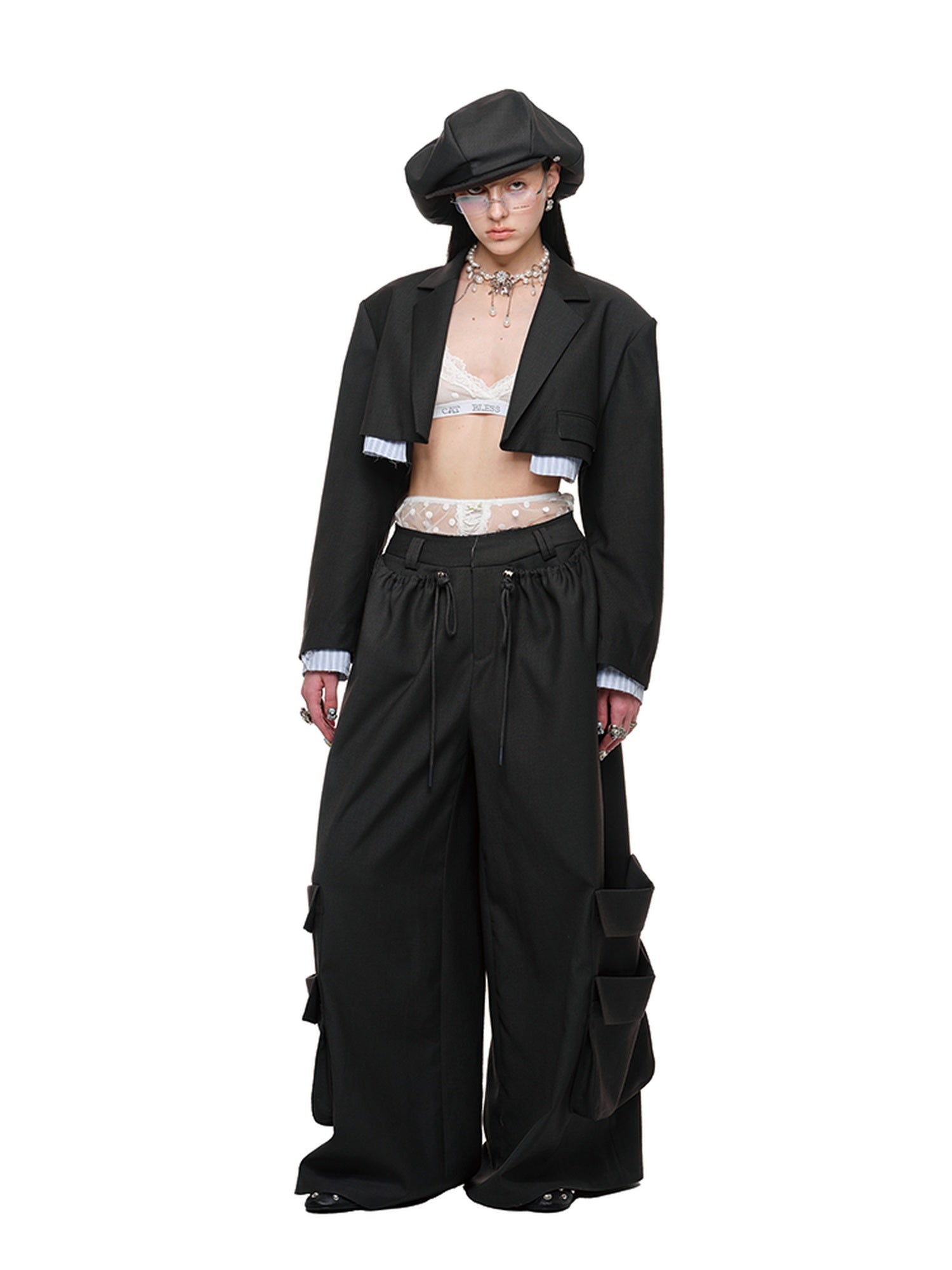 1JINN STUDIO Slim Pleated Streetwear Cropped Women Dark Gray Notch Lapel Blazers