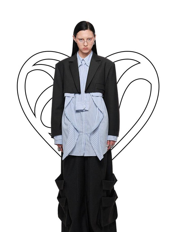 1JINN STUDIO Slim Pleated Streetwear Cropped Women Dark Gray Notch Lapel Blazers