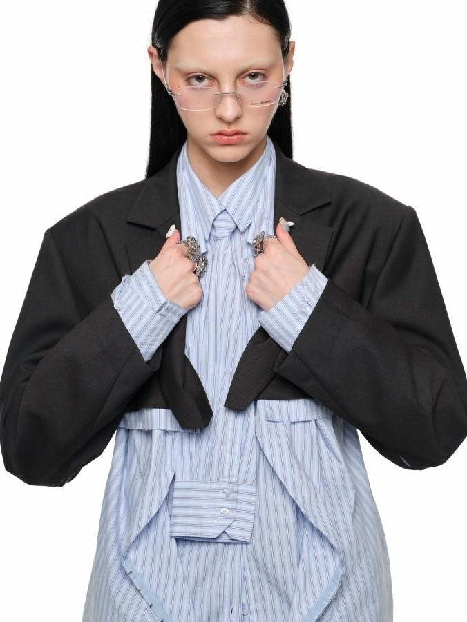1JINN STUDIO Slim Pleated Streetwear Cropped Women Dark Gray Notch Lapel Blazers