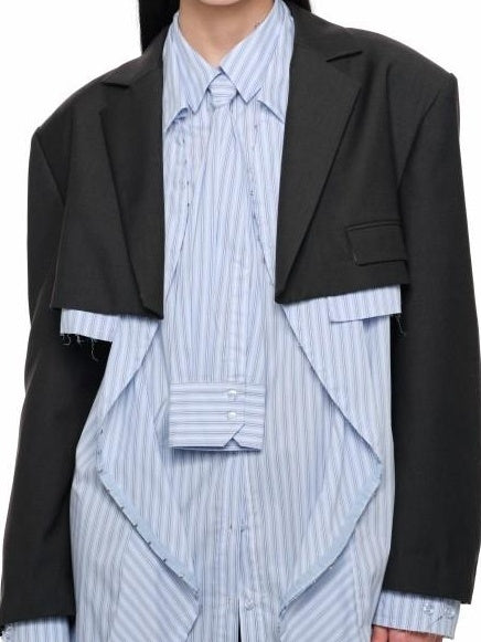 1JINN STUDIO Slim Pleated Streetwear Cropped Women Dark Gray Notch Lapel Blazers