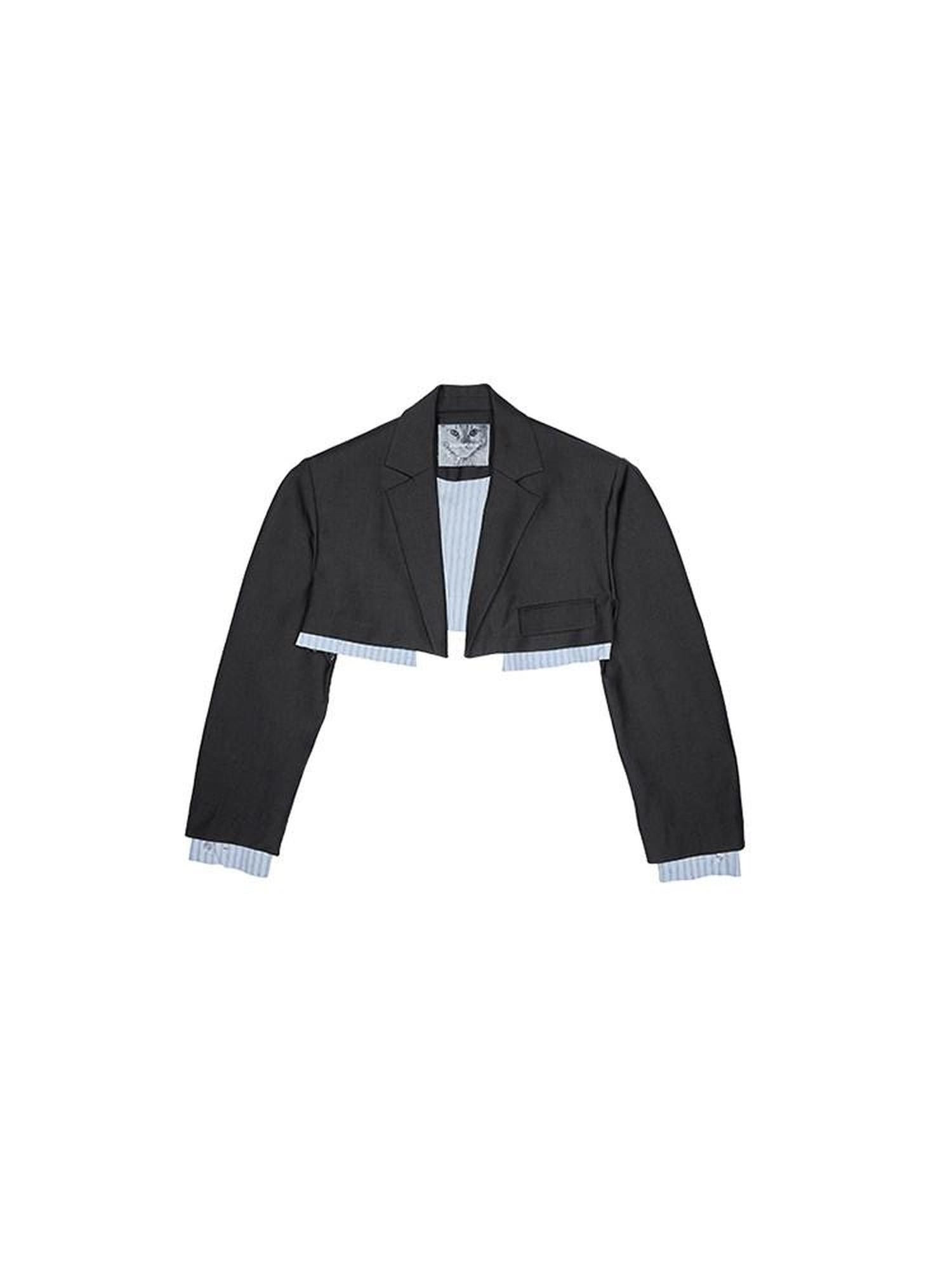 1JINN STUDIO Slim Pleated Streetwear Cropped Women Dark Gray Notch Lapel Blazers