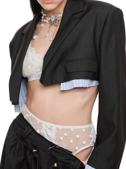 1JINN STUDIO Slim Pleated Streetwear Cropped Women Dark Gray Notch Lapel Blazers