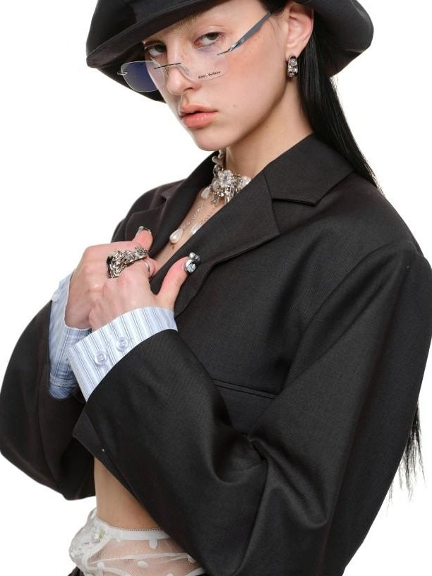 1JINN STUDIO Slim Pleated Streetwear Cropped Women Dark Gray Notch Lapel Blazers