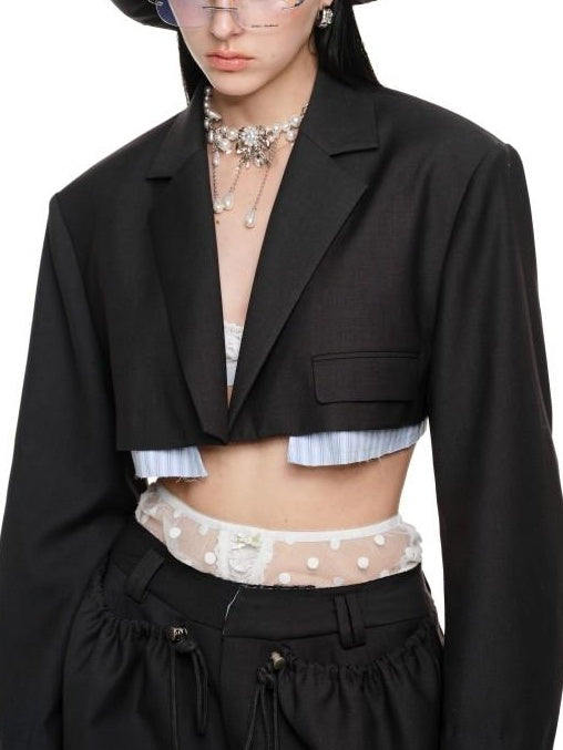1JINN STUDIO Slim Pleated Streetwear Cropped Women Dark Gray Notch Lapel Blazers