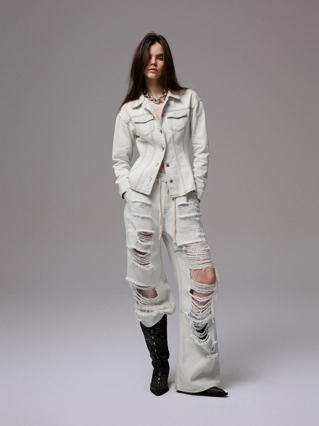 1JINN STUDIO Slim Waist Cinch Vintage Polo Collar Long Sleeve Slimming Cotton Denim Jackets