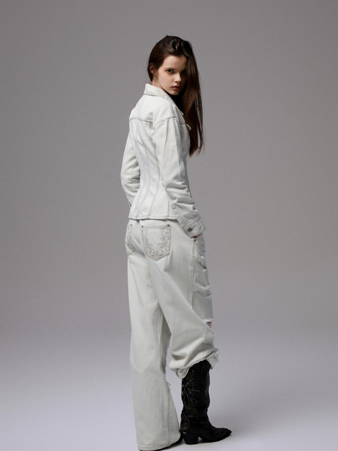 1JINN STUDIO Slim Waist Cinch Vintage Polo Collar Long Sleeve Slimming Cotton Denim Jackets