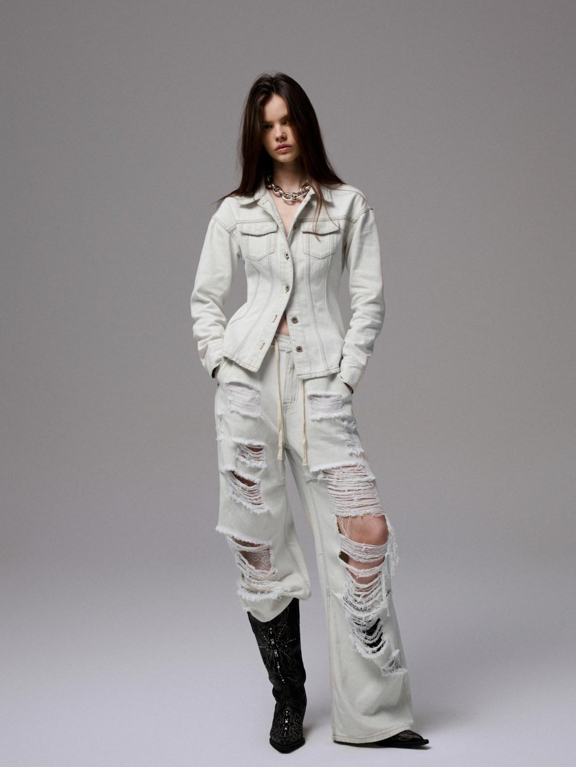 1JINN STUDIO Slim Waist Cinch Vintage Polo Collar Long Sleeve Slimming Cotton Denim Jackets