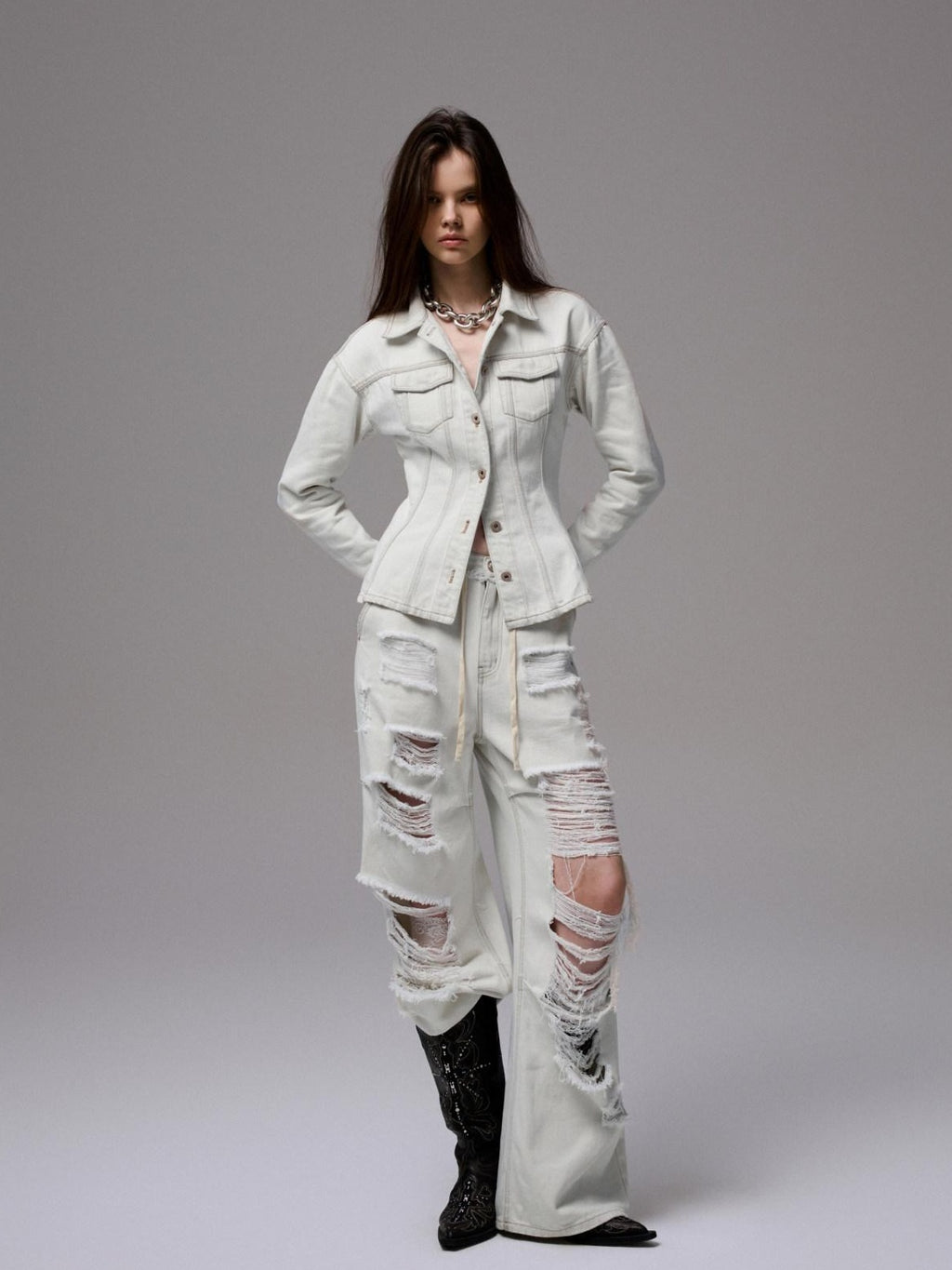 1JINN STUDIO Slim Waist Cinch Vintage Polo Collar Long Sleeve Slimming Cotton Denim Jackets