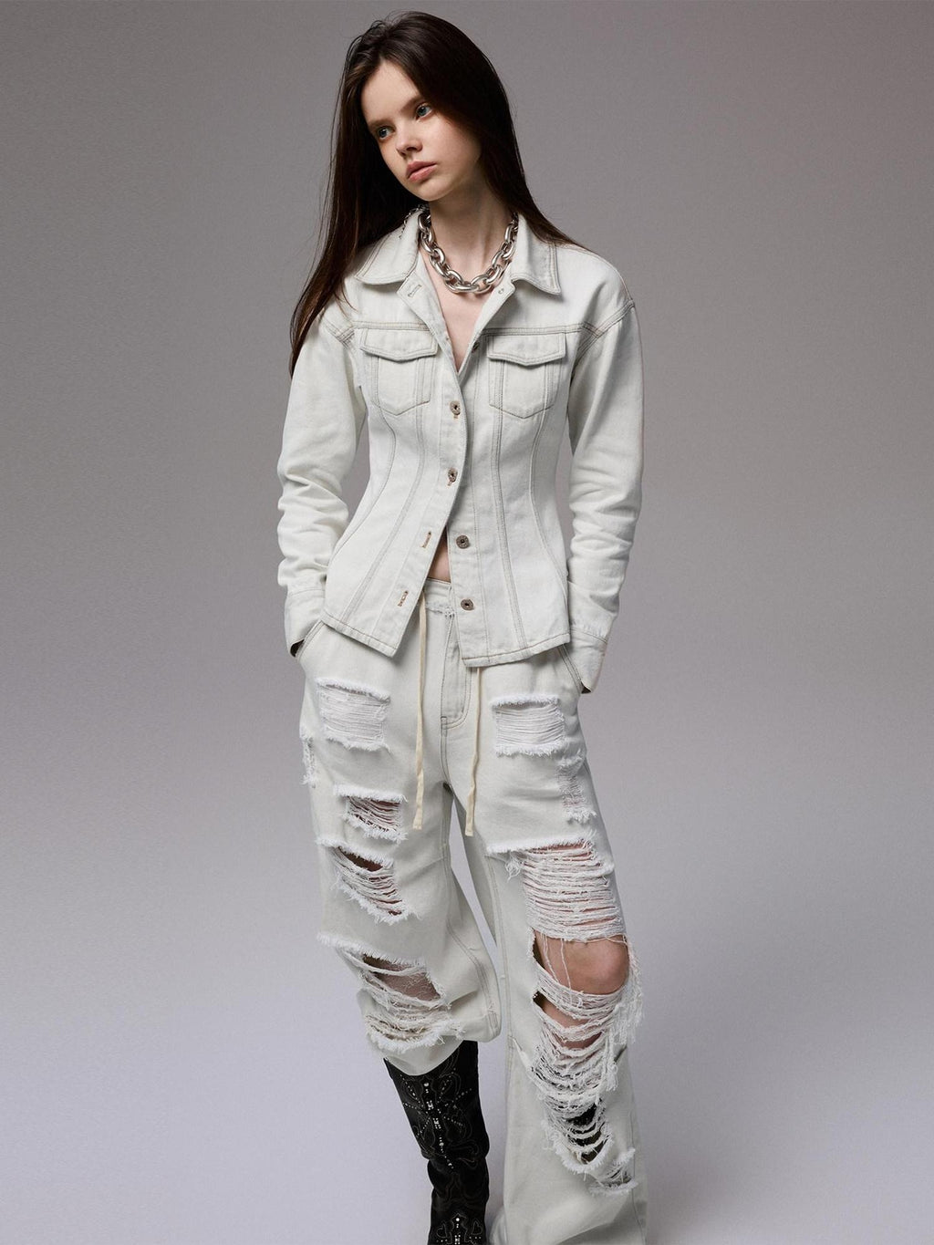 1JINN STUDIO Slim Waist Cinch Vintage Polo Collar Long Sleeve Slimming Cotton Denim Jackets
