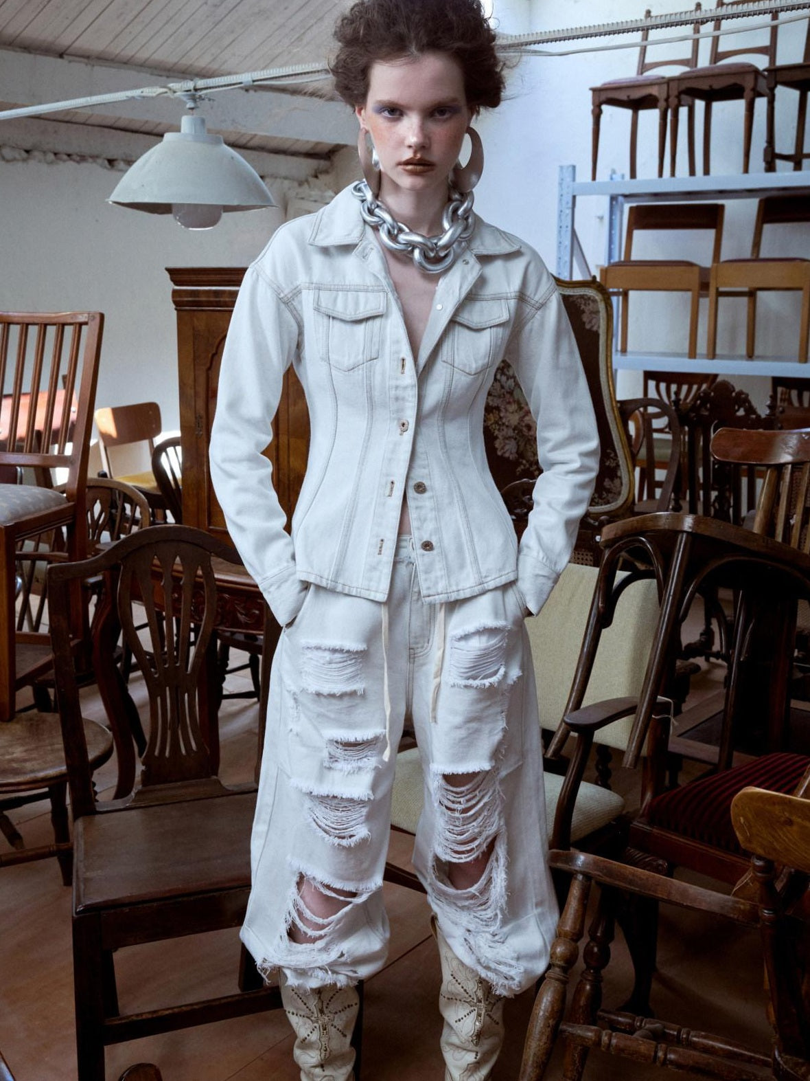 1JINN STUDIO Slim Waist Cinch Vintage Polo Collar Long Sleeve Slimming Cotton Denim Jackets