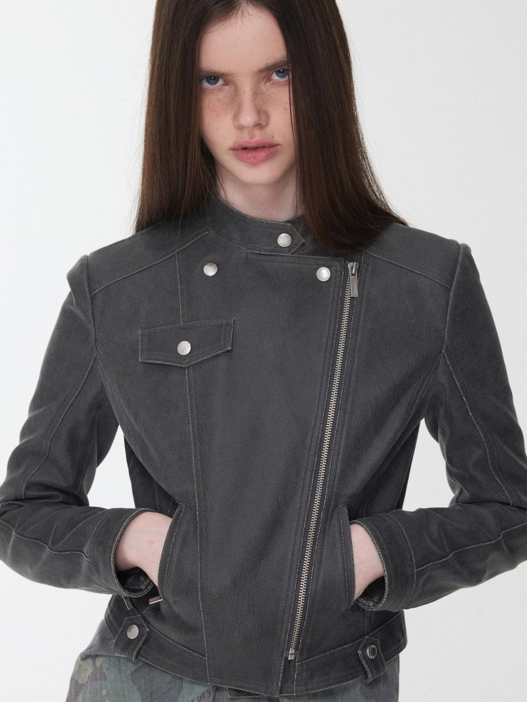 1JINN STUDIO Slimming Casual Slim Fit Pu Short Zip Neck For Women Washed Leather Jackets