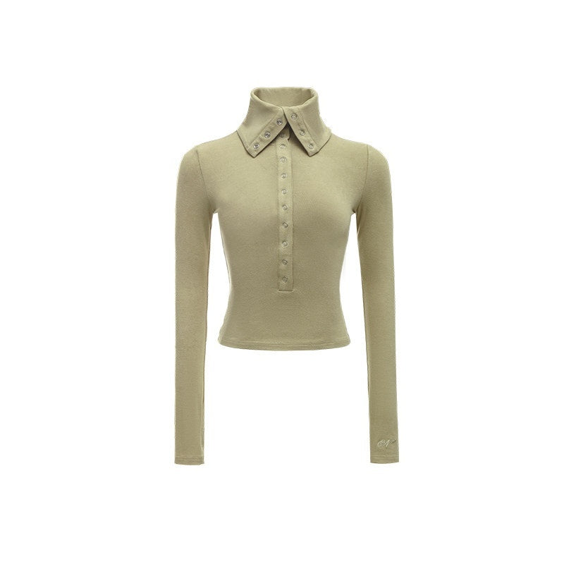 1JINN_STUDIO_Slimming_Durable_Casual_Point_Collar_Button_Women_Viscose_Long_Sleeve_T-Shirts_MISSTT