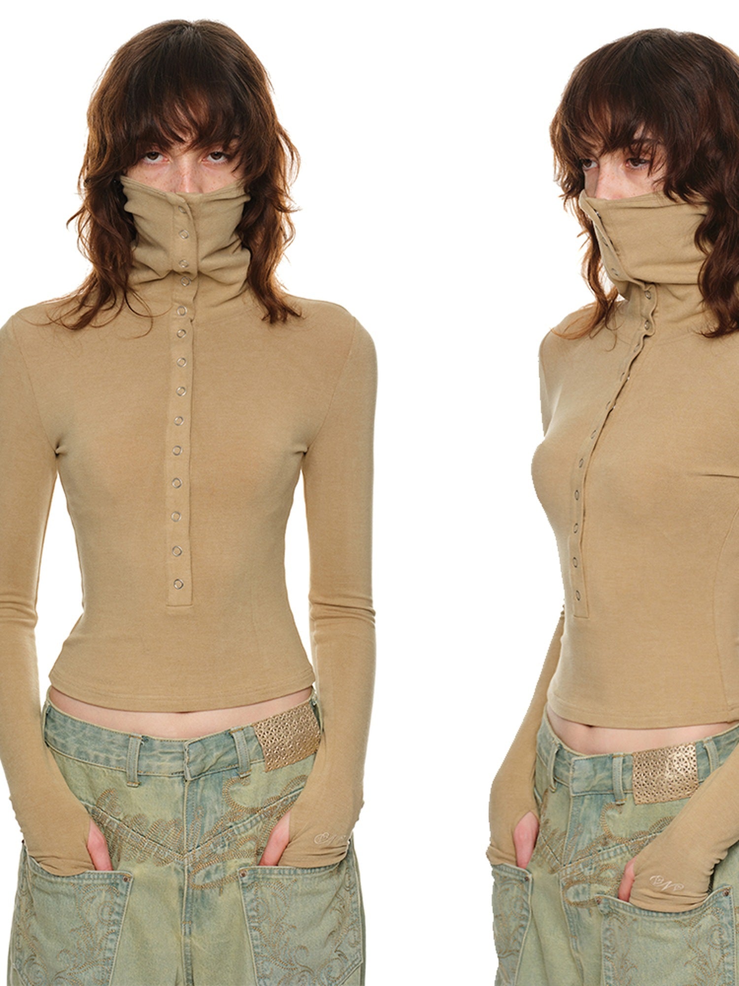 1JINN STUDIO Slimming Durable Casual Point Collar Button Women Viscose Long Sleeve T-Shirts