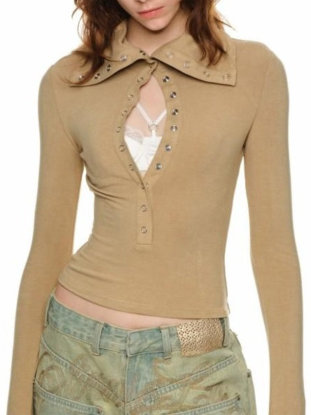 1JINN STUDIO Slimming Durable Casual Point Collar Button Women Viscose Long Sleeve T-Shirts