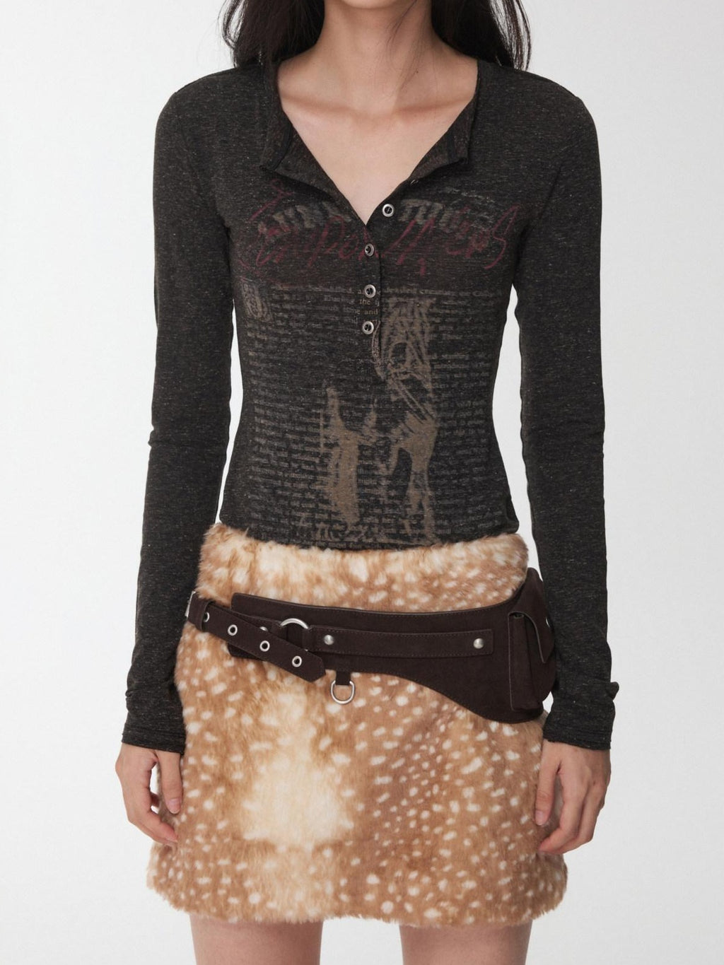 1JINN STUDIO Soft Acrylic Blend Deer Print Low Waist Slim H Line Casual Women Mini Skirts