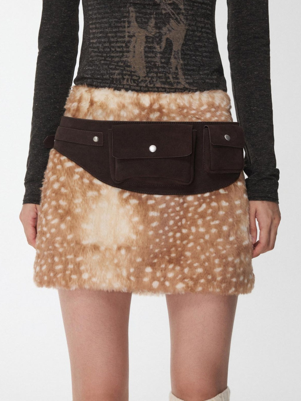 1JINN STUDIO Soft Acrylic Blend Deer Print Low Waist Slim H Line Casual Women Mini Skirts