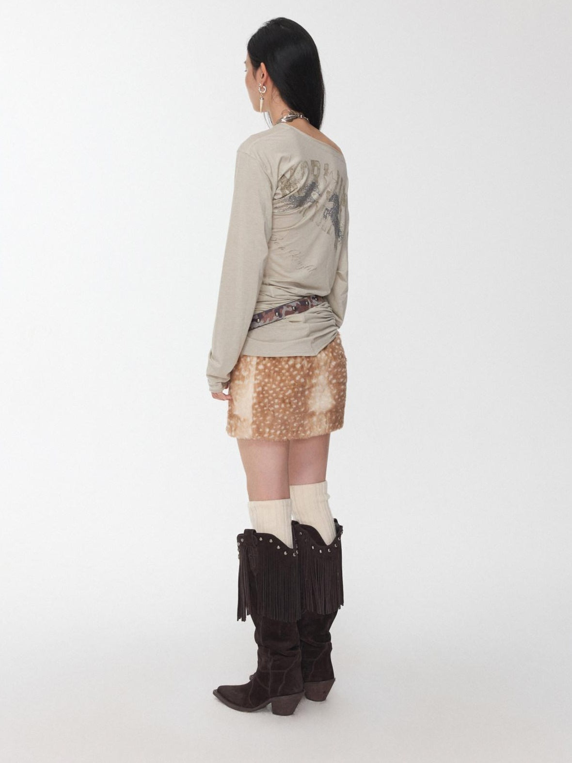 1JINN STUDIO Soft Acrylic Blend Deer Print Low Waist Slim H Line Casual Women Mini Skirts