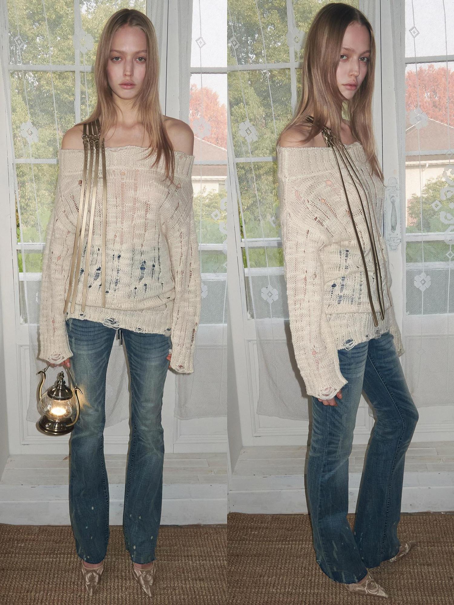 1JINN STUDIO Soft Acrylic Wool Blend Off Shoulder Loose Fit Casual Long Sleeve Knit Sweaters