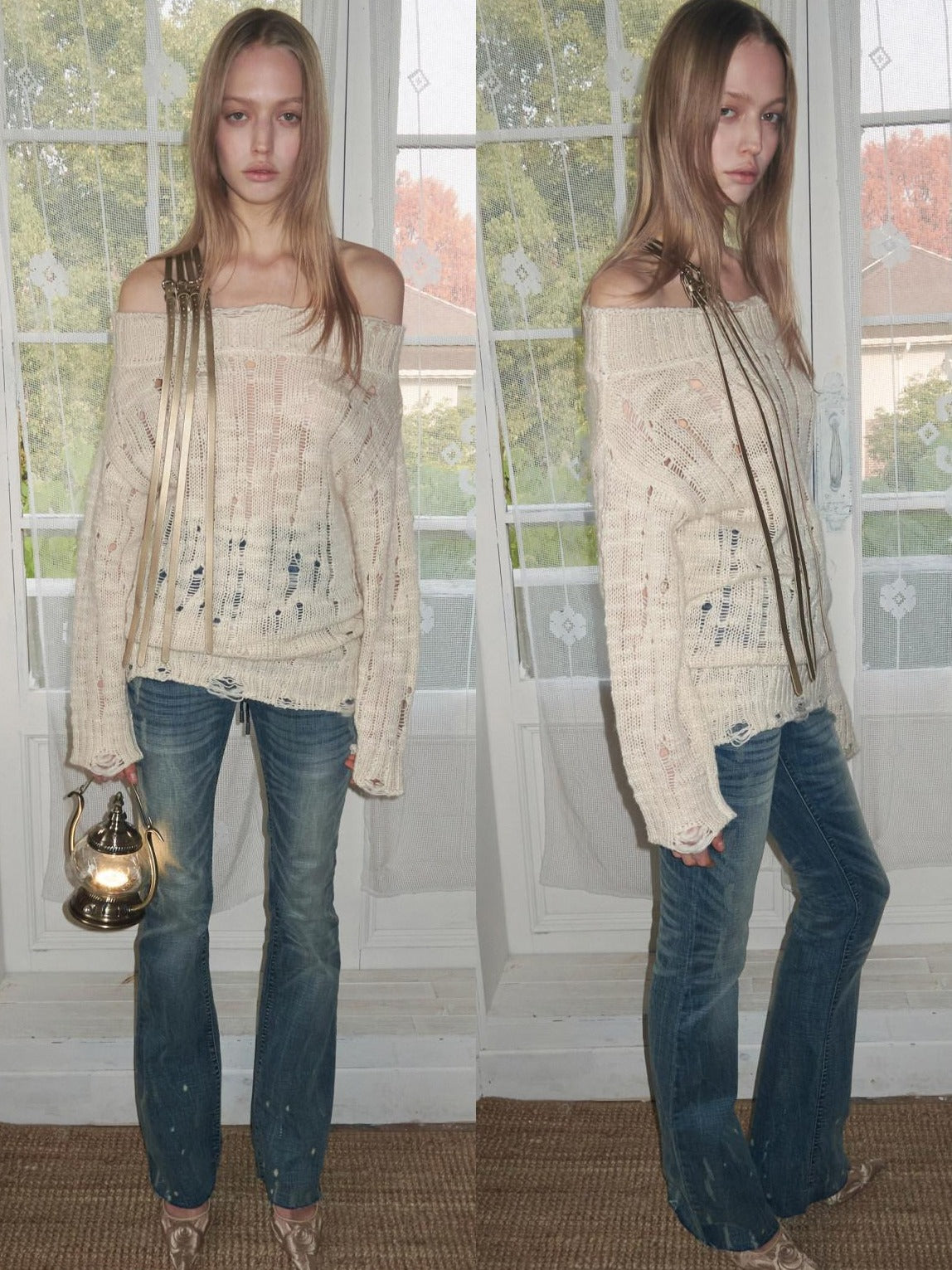 1JINN STUDIO Soft Acrylic Wool Blend Off Shoulder Loose Fit Casual Long Sleeve Knit Sweaters