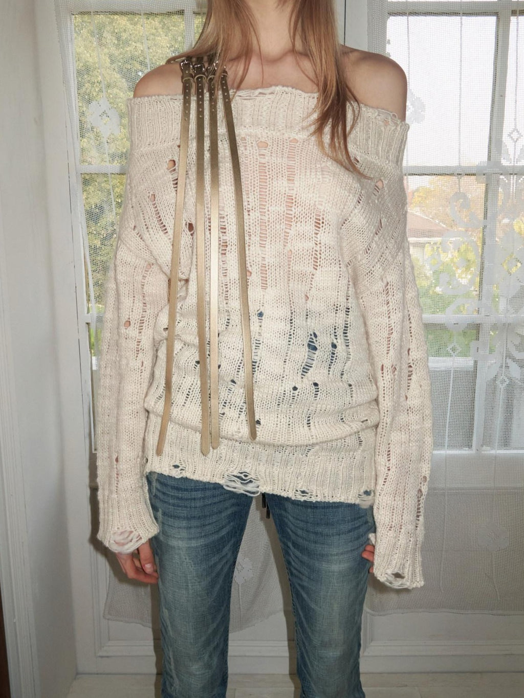 1JINN STUDIO Soft Acrylic Wool Blend Off Shoulder Loose Fit Casual Long Sleeve Knit Sweaters