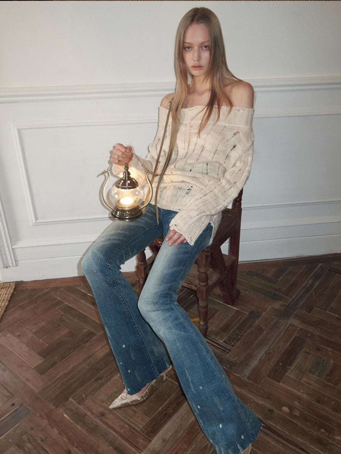 1JINN STUDIO Soft Acrylic Wool Blend Off Shoulder Loose Fit Casual Long Sleeve Knit Sweaters