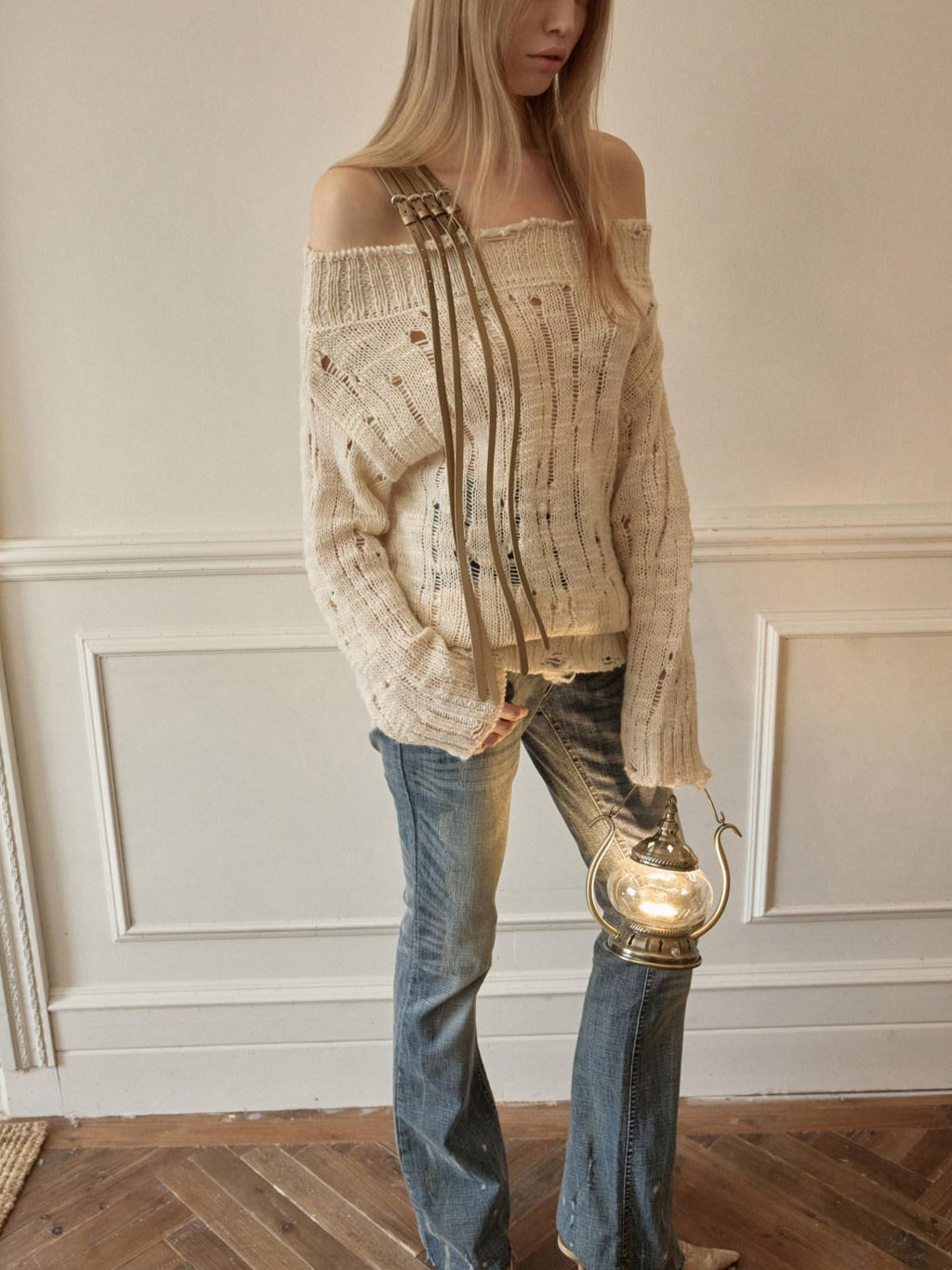 1JINN STUDIO Soft Acrylic Wool Blend Off Shoulder Loose Fit Casual Long Sleeve Knit Sweaters