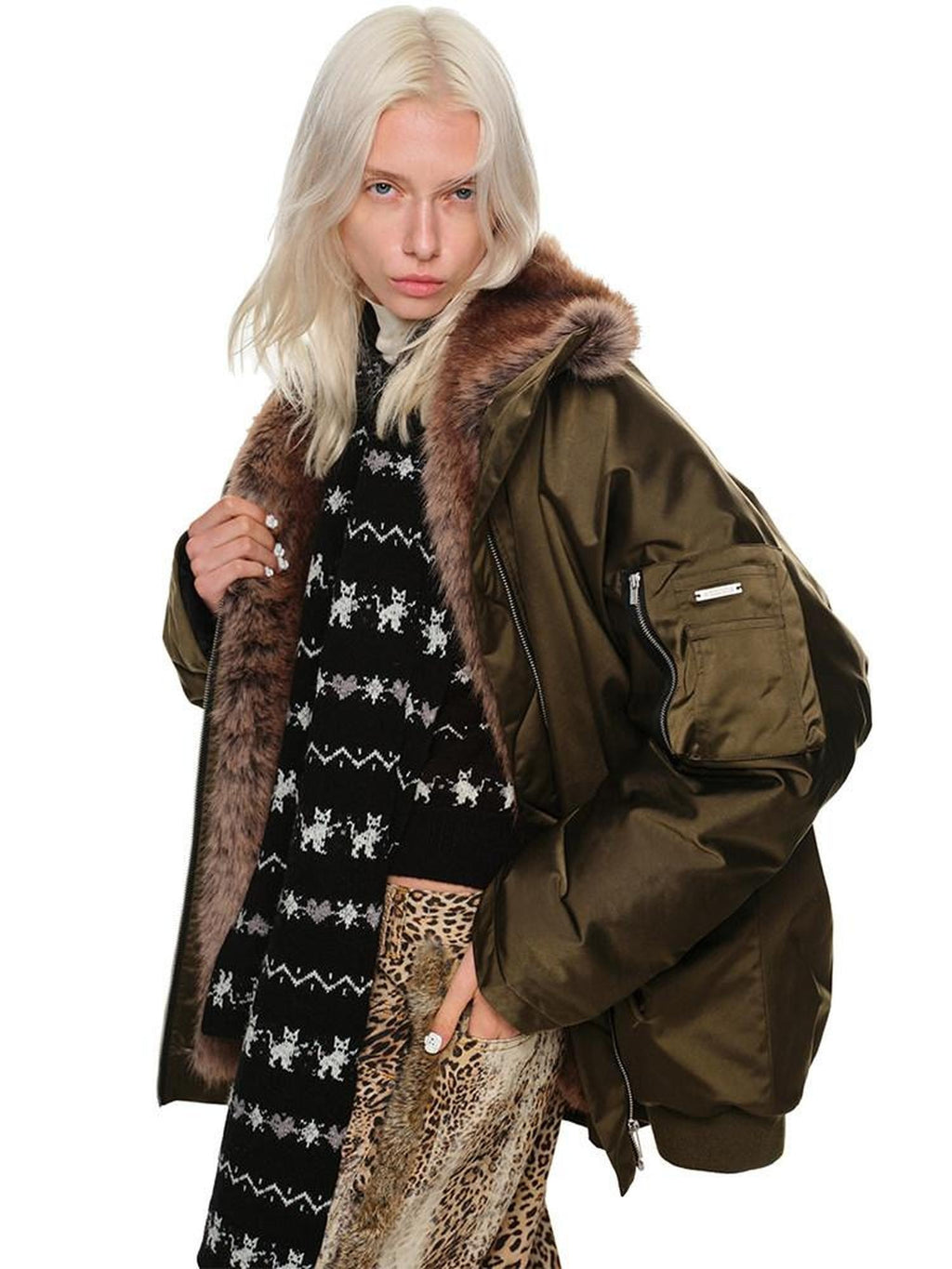 1JINN STUDIO Soft Acrylic Wool Sweet Crew Neck Animal Print Open Front Womens Knit Cardigans